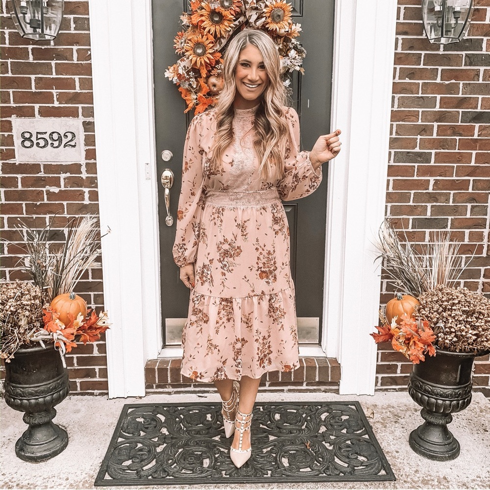Pink Floral Long Sleeve MIDI Dress